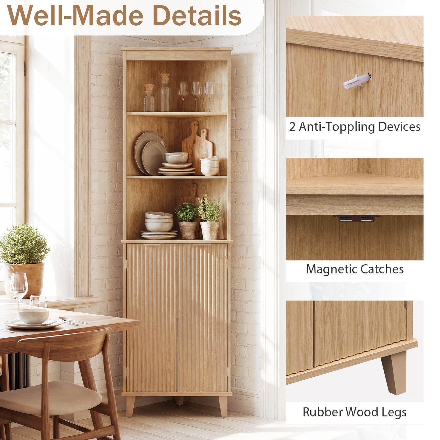 68 Inch Corner Cabinet With Fluted Doors, Oak Floor Cabinets at Gallery Canada