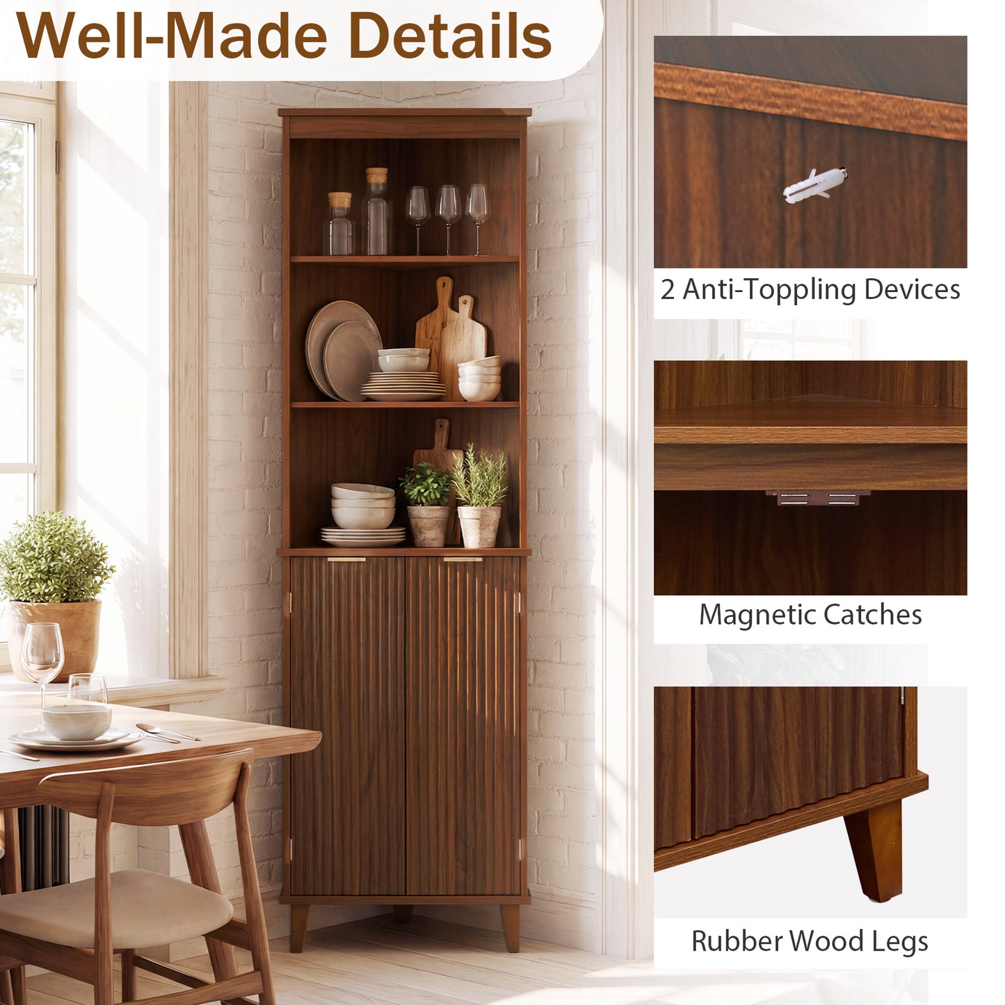 68 Inch Corner Cabinet, Fluted Doors, Walnut Floor Cabinets at Gallery Canada