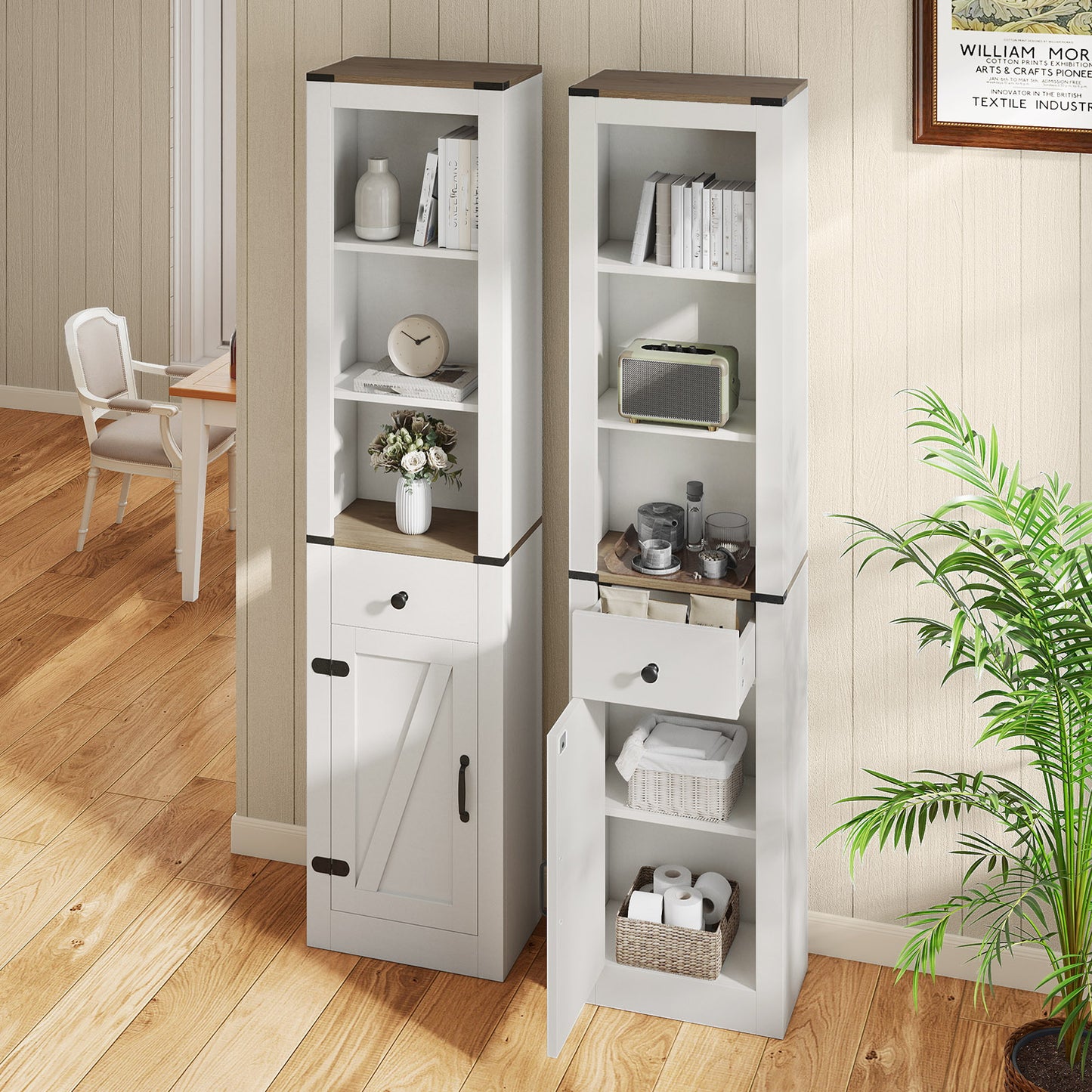 68 Inch Tall Bathroom Cabinet, Barn Door, Narrow Slim Storage, Drawer, White Floor Cabinets at Gallery Canada