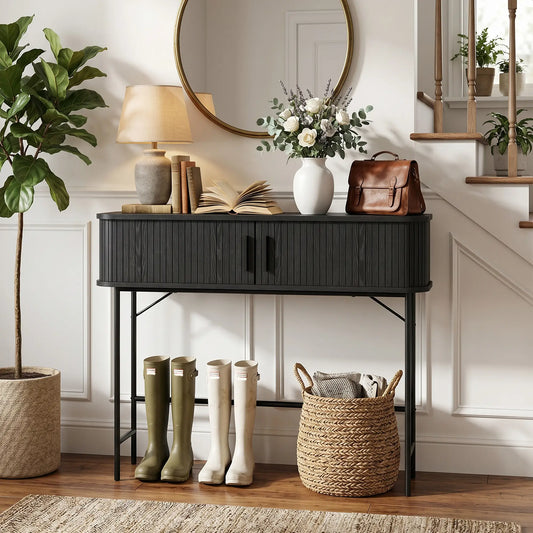 Mid-Century Console Table, Narrow Entryway Table with Storage, Black Console Tables Black at Gallery Canada