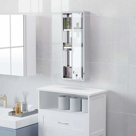 Wall Mount Medicine Cabinet, 3 Tier Shelves, Stainless Steel Frame, Glass Door, Lockable, 8" x 23", Silver Mirror Medicine Cabinets Silver at Gallery Canada