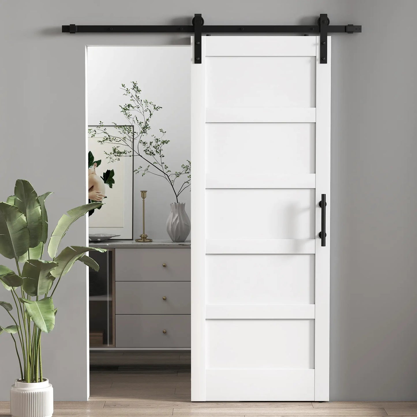 32x84 Sliding Barn Door with Hardware Kit, Shaker Style, White Wood Grain, White Door Hardware at Gallery Canada