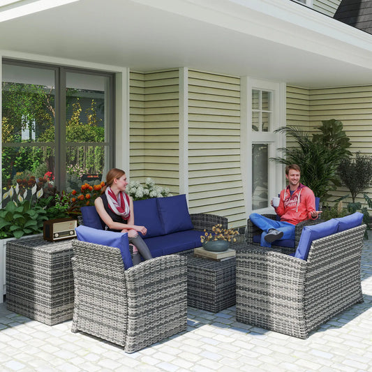 6-Piece Wicker Patio Set with Cushions, 7-Seater Rattan Sofa, Navy Blue Patio Furniture Sets Mixed Grey Rattan, Navy Blue Cushion at Gallery Canada