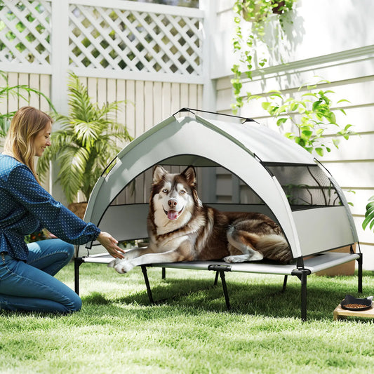 Elevated Dog Bed With Removable Canopy, Portable Pet Cot, 48" x 36" x 37" Elevated Dog Beds Light Grey, Black at Gallery Canada