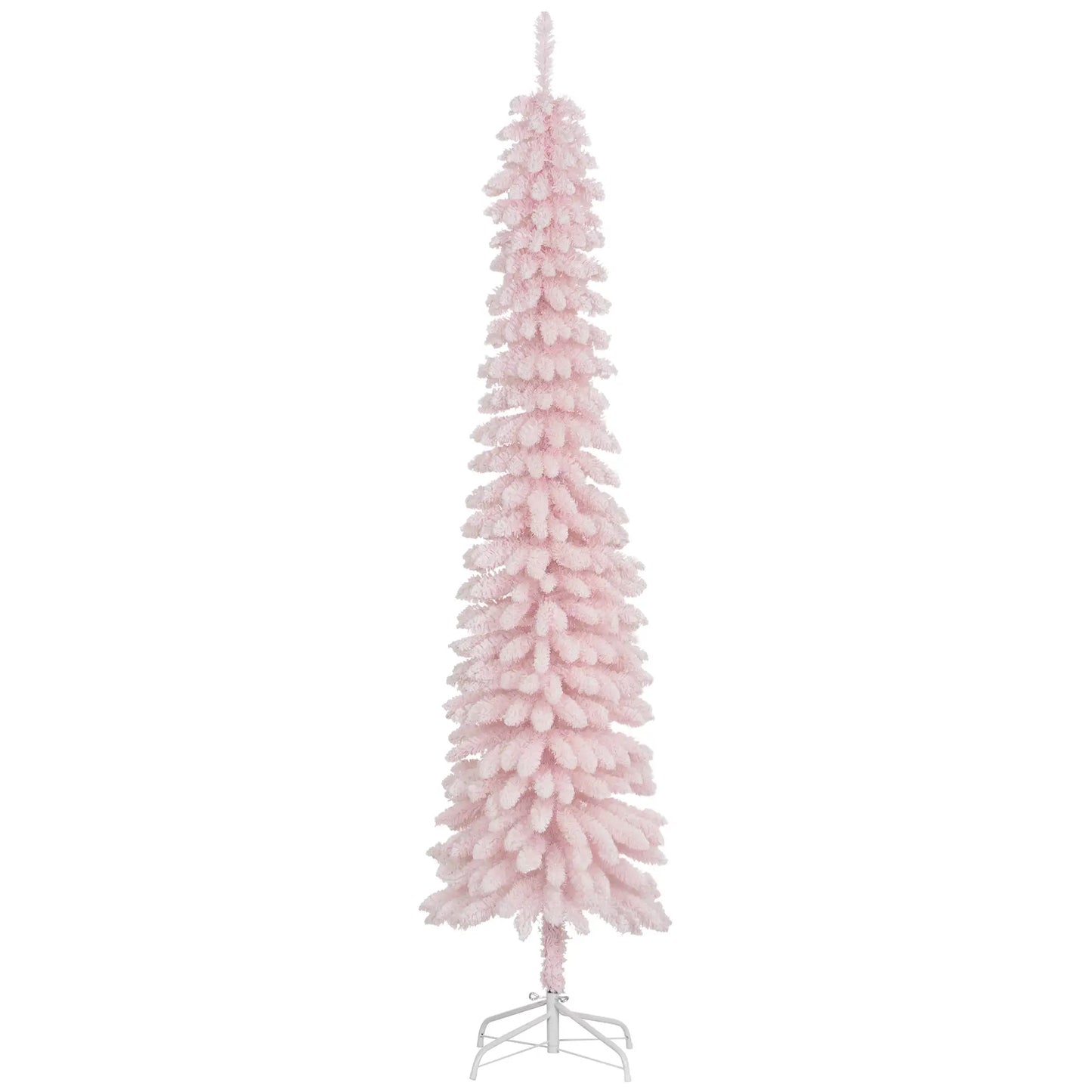 7ft Snow-Flocked Slim Pencil Christmas Tree, 490 Branches, Metal Base, Pink Flocked Christmas Trees at Gallery Canada