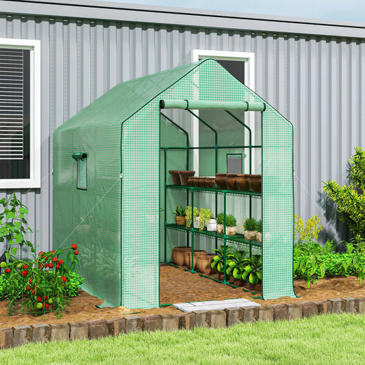 Walk-in Greenhouse, 3 Tier, Roll-up Door, Mesh Windows, 140 x 213 x 190 cm, Green