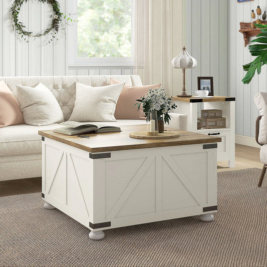 Farmhouse Coffee Table, Square Flip-Top, Hidden Storage, Antique White Coffee Tables Antique White, Brown at Gallery Canada