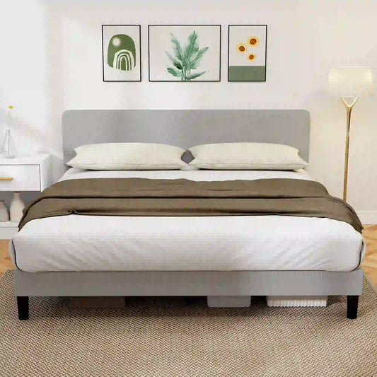 King Size Bed Frame, Adjustable Upholstered Headboard, Wood Slat Support, Light Grey Bed Frames Light Grey at Gallery Canada