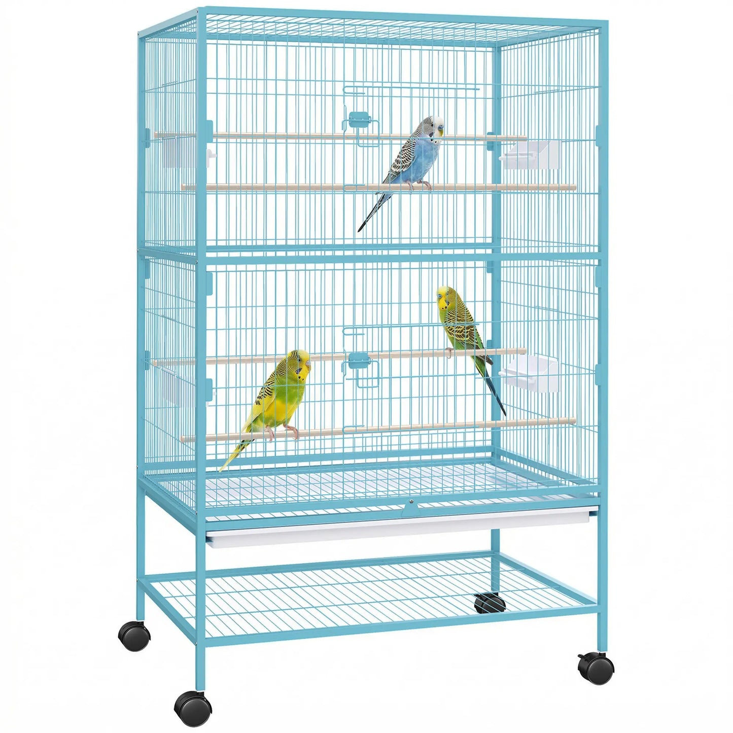 52'' Large Rolling Steel Bird Cage Bird House with Rolling Stand, Storage Shelf, Wood Perch, Food Container, Light Blue Bird Cages at Gallery Canada