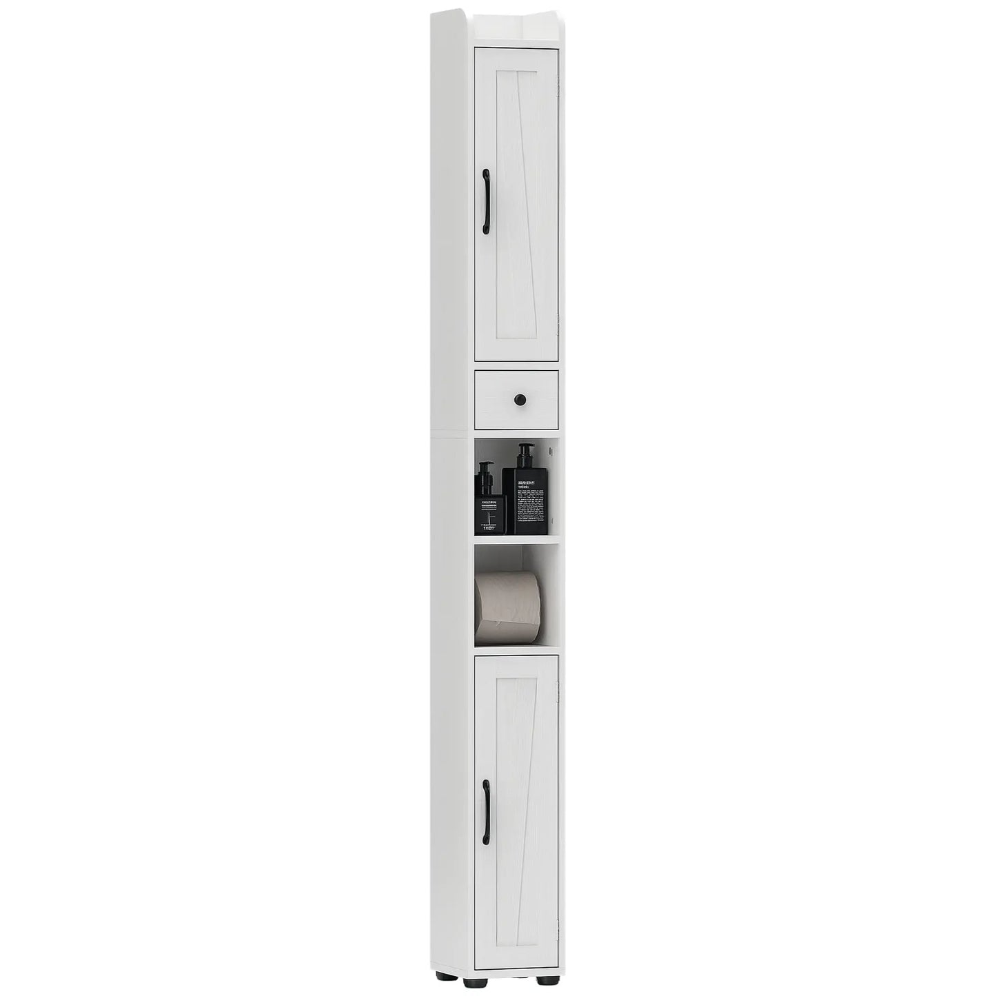Narrow Bathroom Cabinet, Tall Storage with Barn Doors, Drawer, Adjustable Shelves, Wood Grain, White Bathroom Cabinets at Gallery Canada