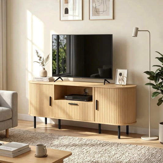 TV Stand for TVs up to 60", Modern Entertainment Center with Curved Sliding Doors and Storage, Natural Wood TV Stands Natural Wood, Black at Gallery Canada