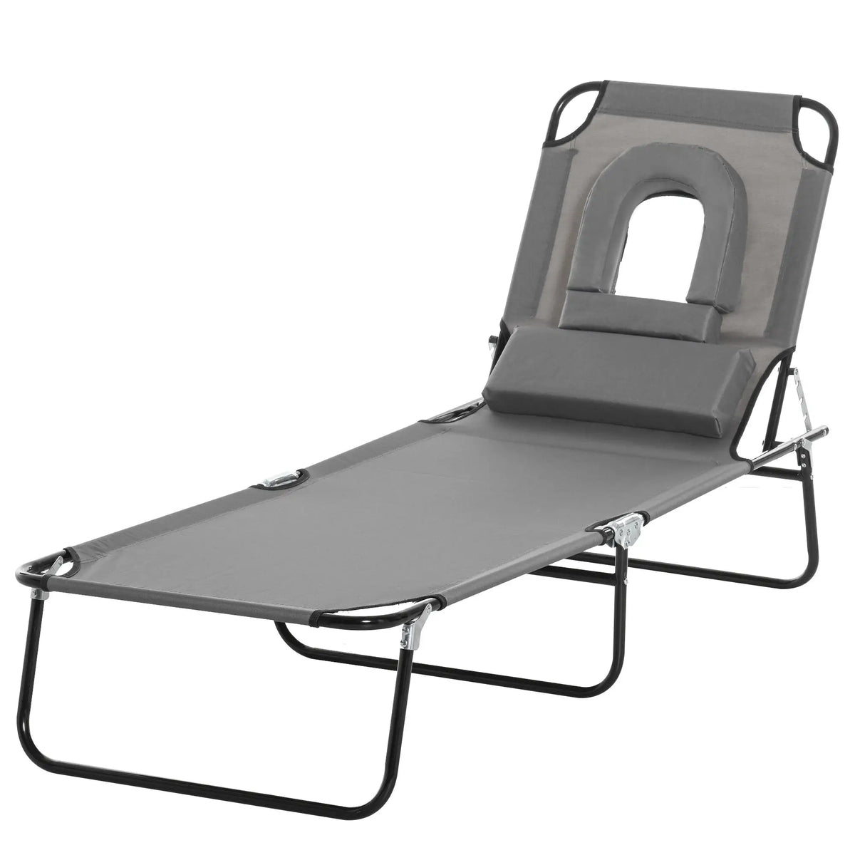 Adjustable Outdoor Lounge Chair, Folding Chaise with Face Hole, Grey