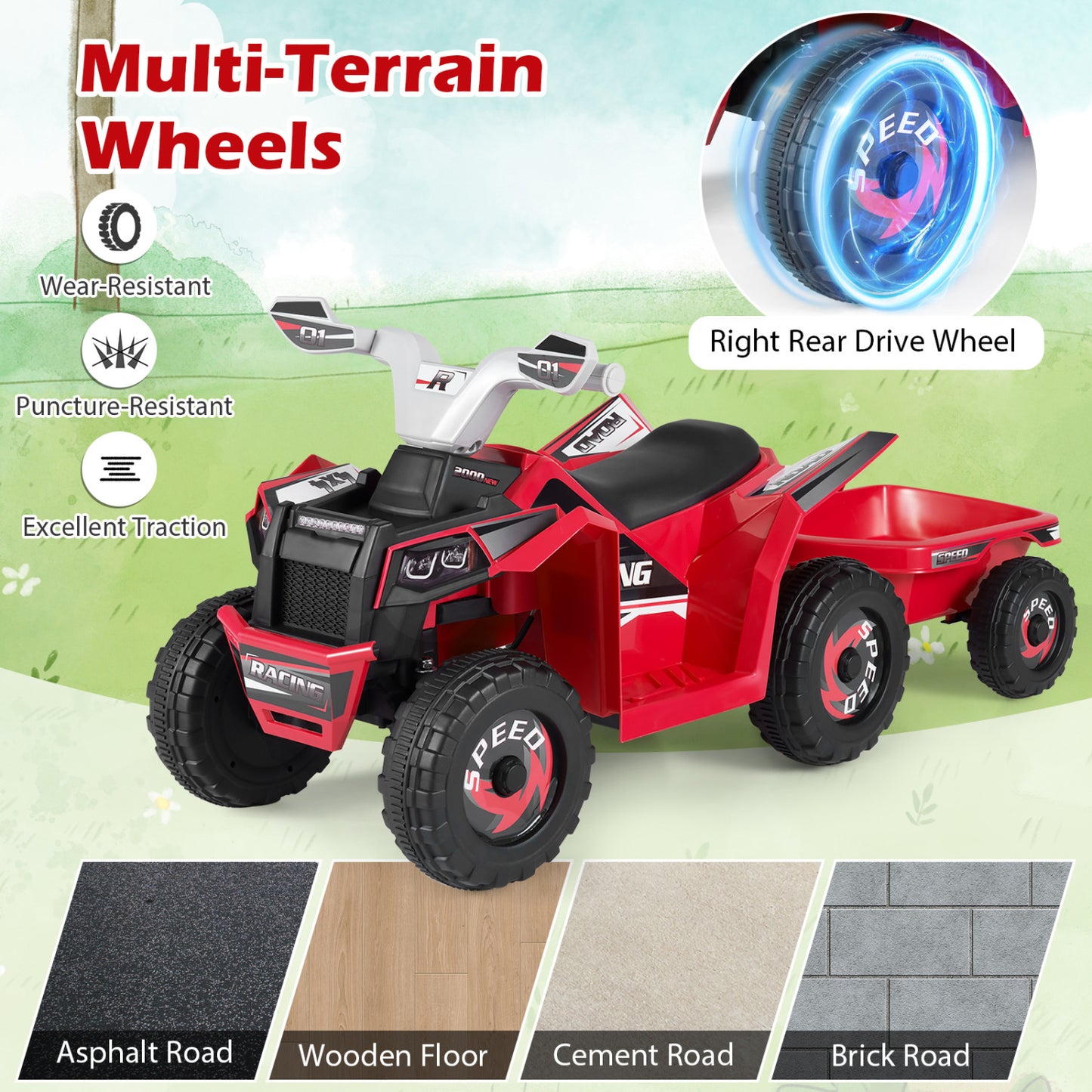 6V Kids Electric ATV Quad Car with Detachable Trailer, Red Powered Ride On Toys at Gallery Canada