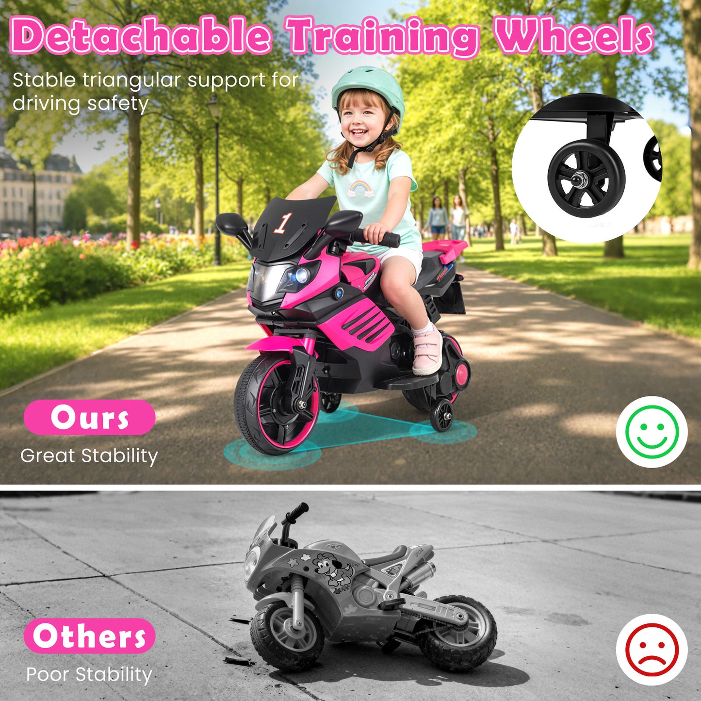 6V Kids Motorcycle With Headlights, Music, Detachable Training Wheels, Pink Powered Ride On Toys at Gallery Canada
