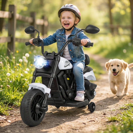 6V Kids Motorcycle with Headlight and Music and Training Wheels, White Powered Ride On Toys White at Gallery Canada