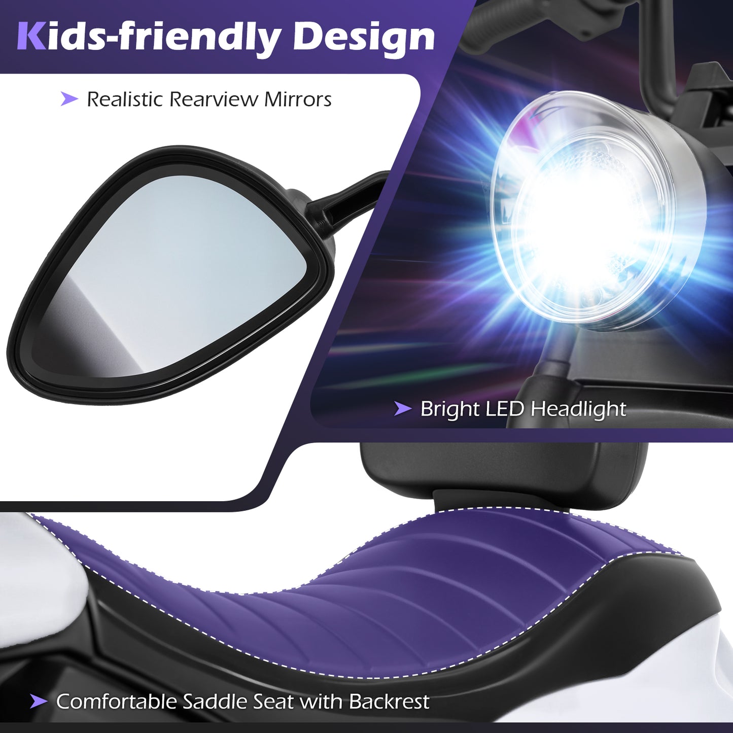 6V Kids Motorcycle with Headlight and Music and Training Wheels, White Powered Ride On Toys at Gallery Canada