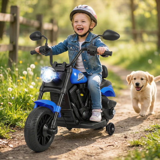 6V Kids Motorcycle with Headlight and Music and Training Wheels, Navy Powered Ride On Toys Navy at Gallery Canada