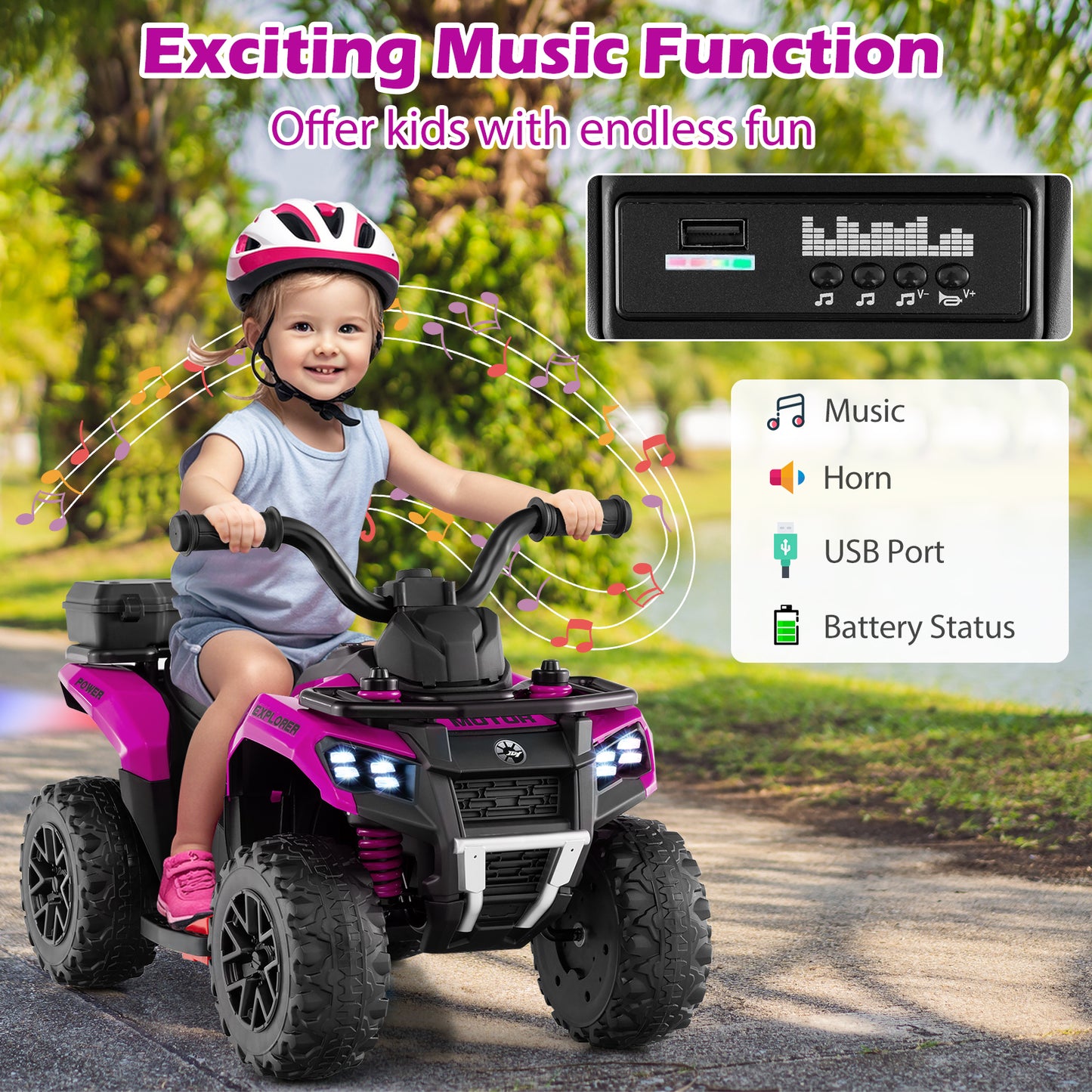 6V Kids Ride On ATV With Spray Function, Storage Box, Music, Pink Powered Ride On Toys at Gallery Canada
