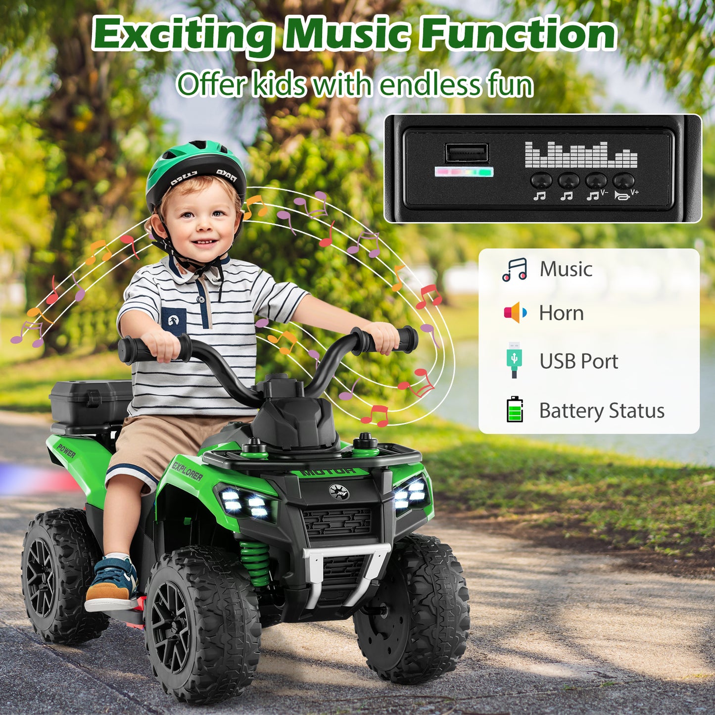 6V Kids Ride On ATV, Spray Function, Storage Box, Music, Green Powered Ride On Toys at Gallery Canada