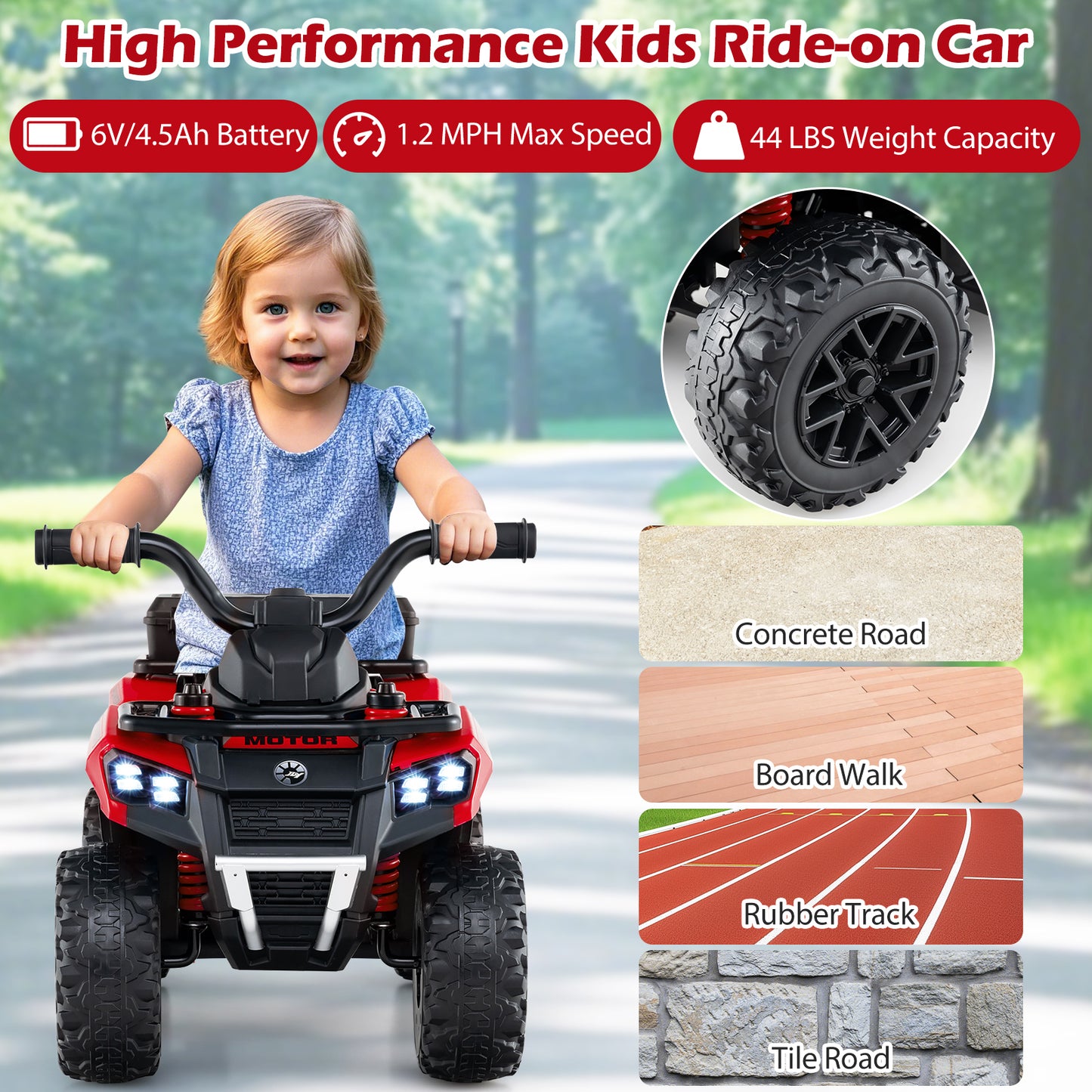 6V Kids Ride On ATV, Spray Function, Storage Box, Music, Red Powered Ride On Toys at Gallery Canada
