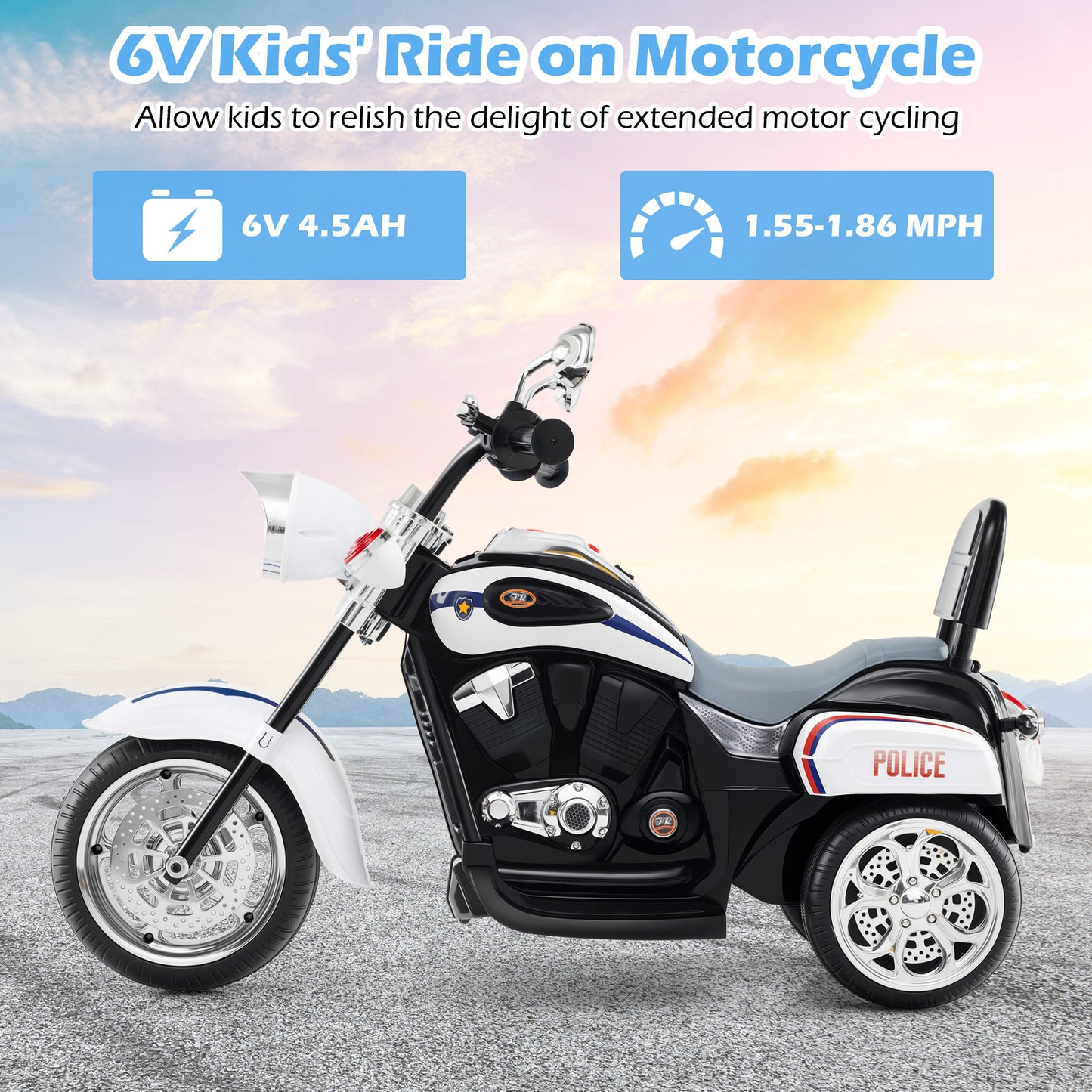 6V Powered Toddler 3-Wheel Motorbike Ride On Toy with Horn and Headlight-Black and White, Black & White Powered Ride On Toys at Gallery Canada