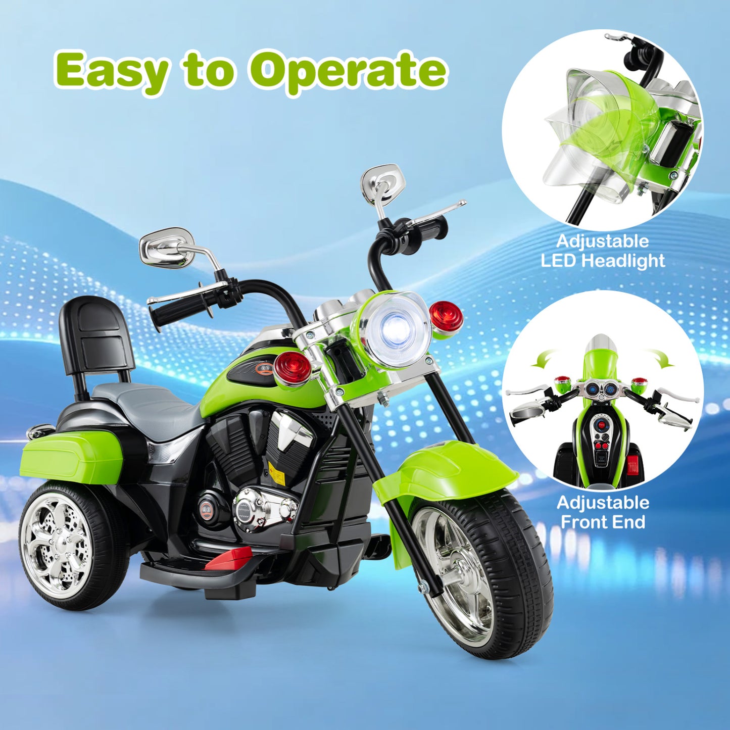 6V Toddler 3-Wheel Motorbike Ride On with Horn, Headlight, Green
