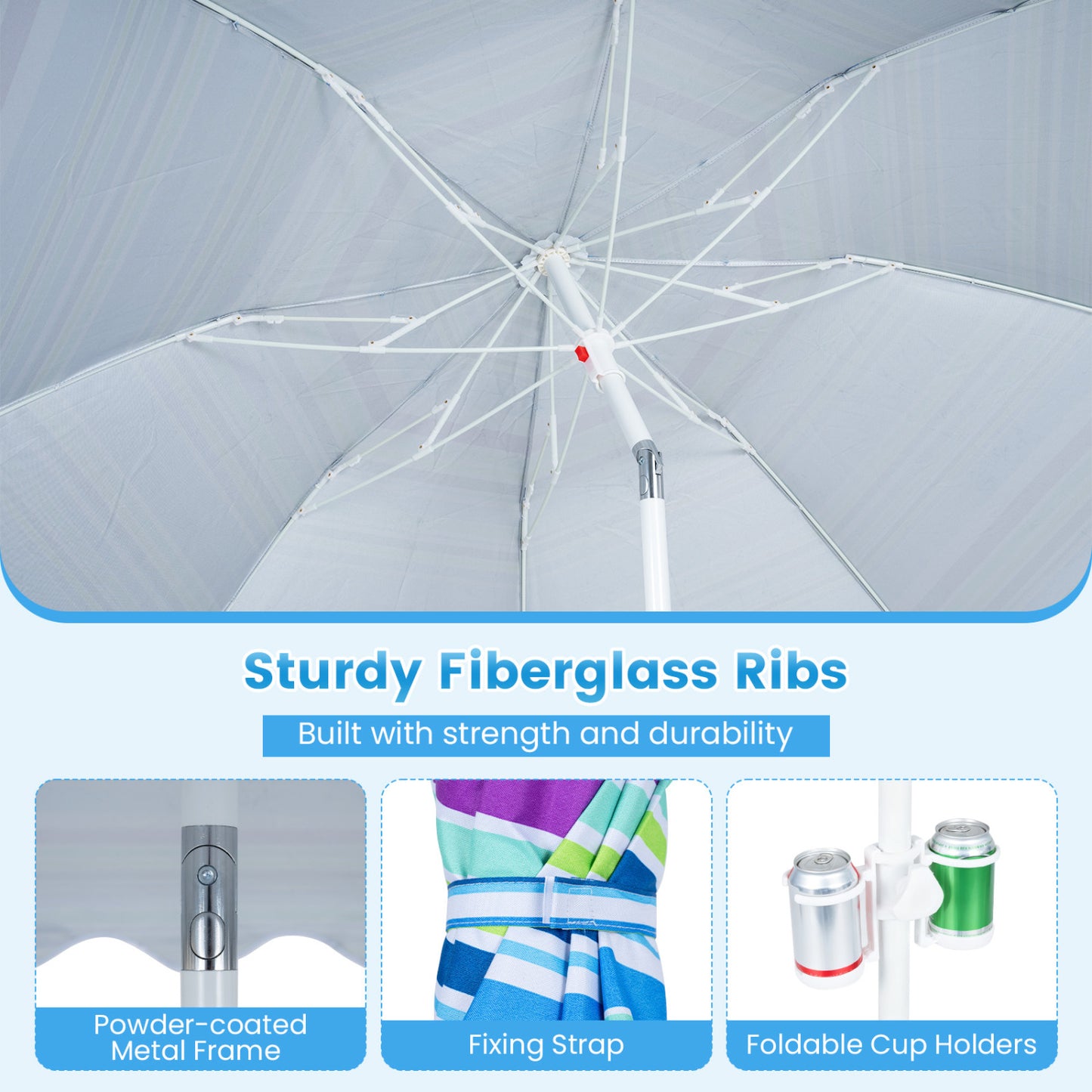 Beach Umbrella UPF 50+, 6.5 FT with Sand Anchor, Blue Outdoor Umbrellas at Gallery Canada
