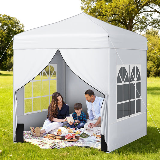 6.5 x 6.5 FT Pop up Canopy Tent with 4 Sidewalls and Wheeled Bag-white, White
