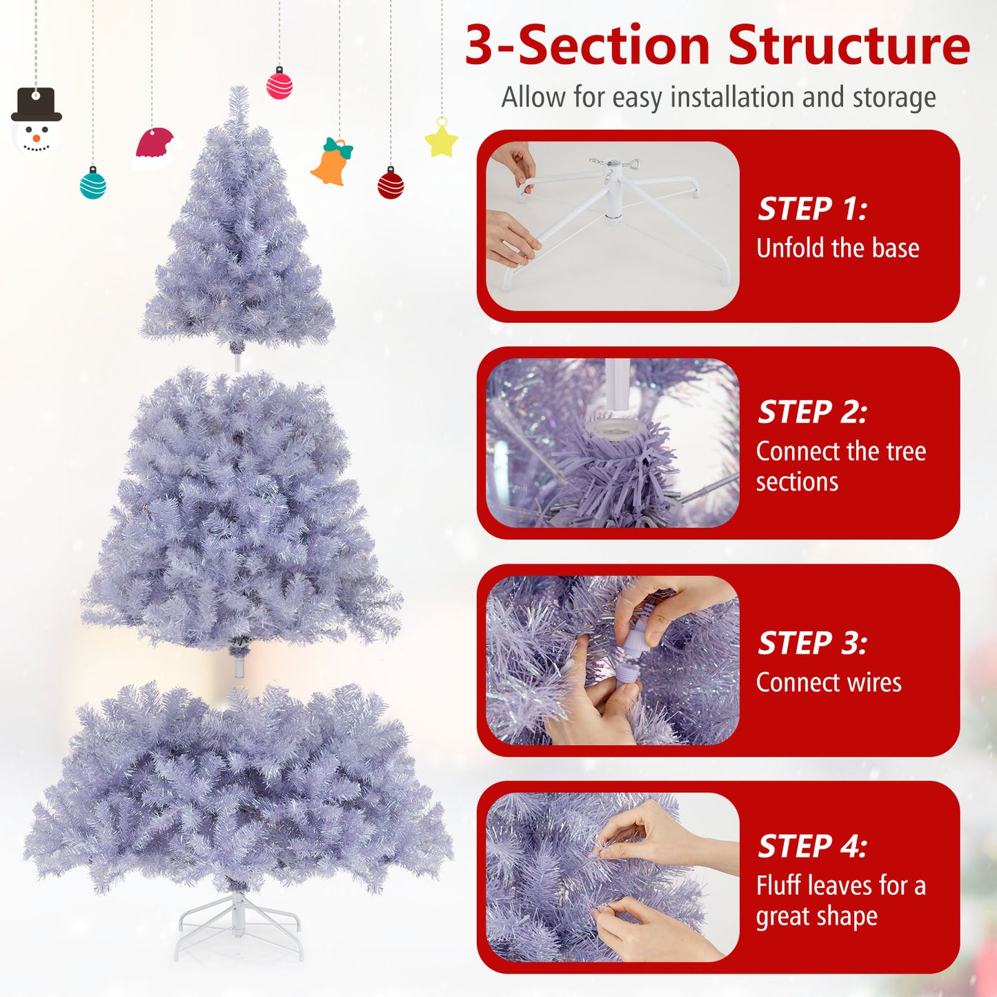 6/7.5 FT Pre-Lit Tinsel Artificial Christmas Tree, Purple Christmas Tree at Gallery Canada