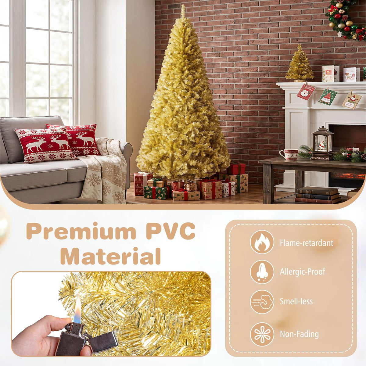7.5 ft Artificial Tinsel Christmas Tree, Foldable Stand, Gold Christmas Tree at Gallery Canada