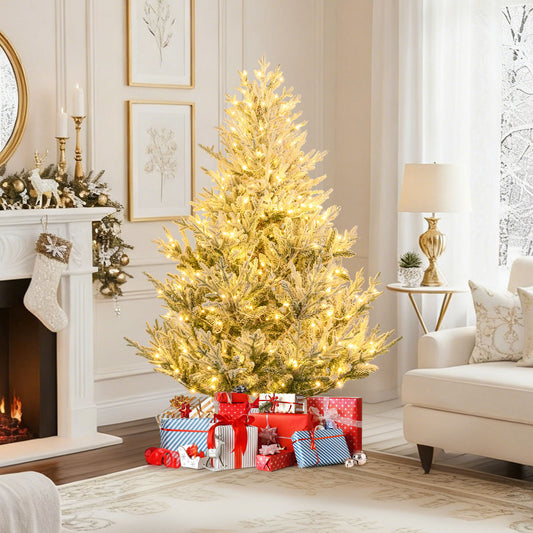 6 Ft Pre-Lit Artificial Christmas Tree, Hinged Snow Flocked, Green Christmas Tree Green at Gallery Canada