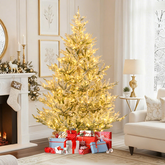 Pre-Lit Artificial Christmas Tree, 7 ft, Hinged Snow Flocked, Green Christmas Tree Green at Gallery Canada