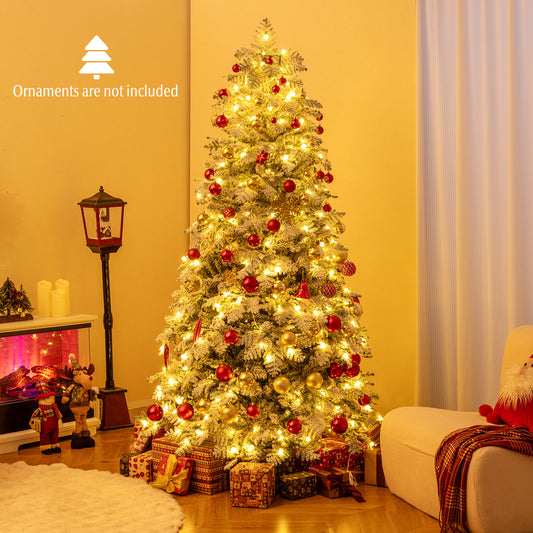 6/7 Feet Artificial Snow-Flocked Christmas Tree, Pre-Lit Hinged, Green Christmas Tree Green at Gallery Canada