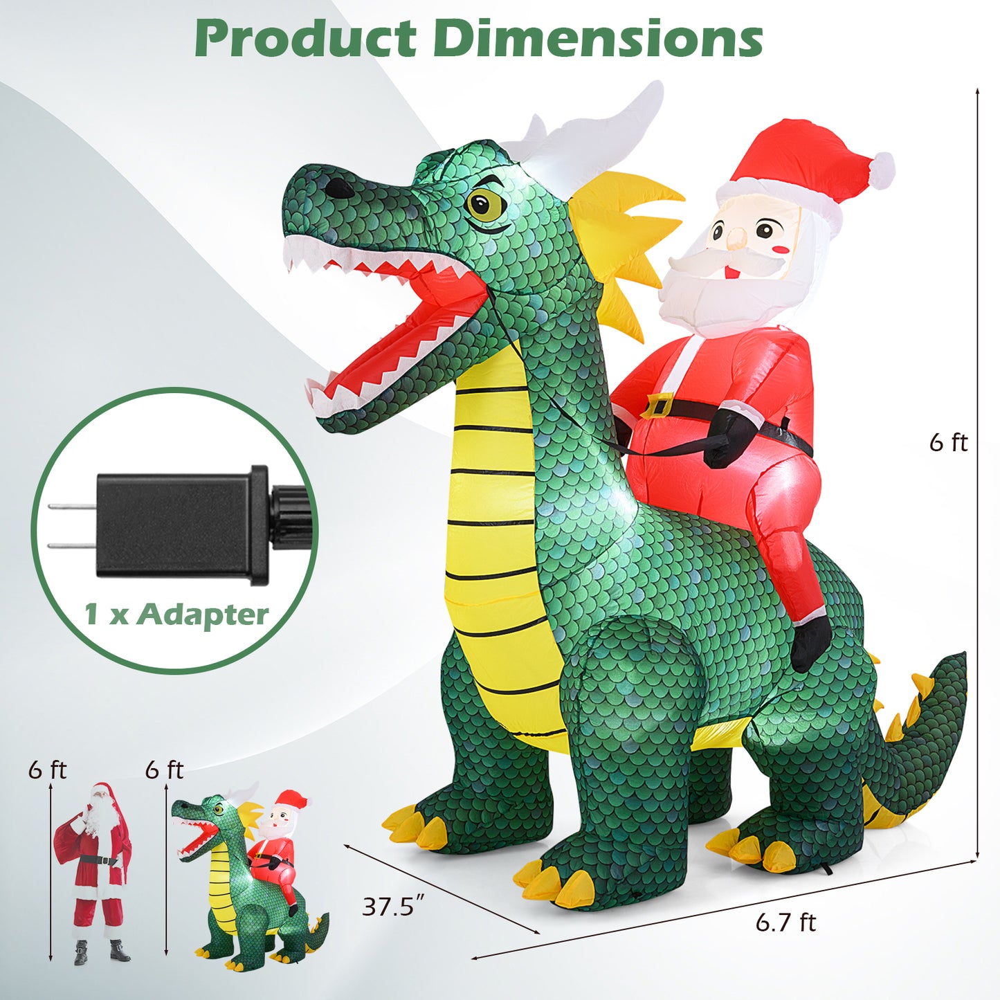 6.7 Feet Christmas Inflatable Santa Claus Ride on Dinosaur with Built-in LED Lights, Green Christmas Inflatables at Gallery Canada