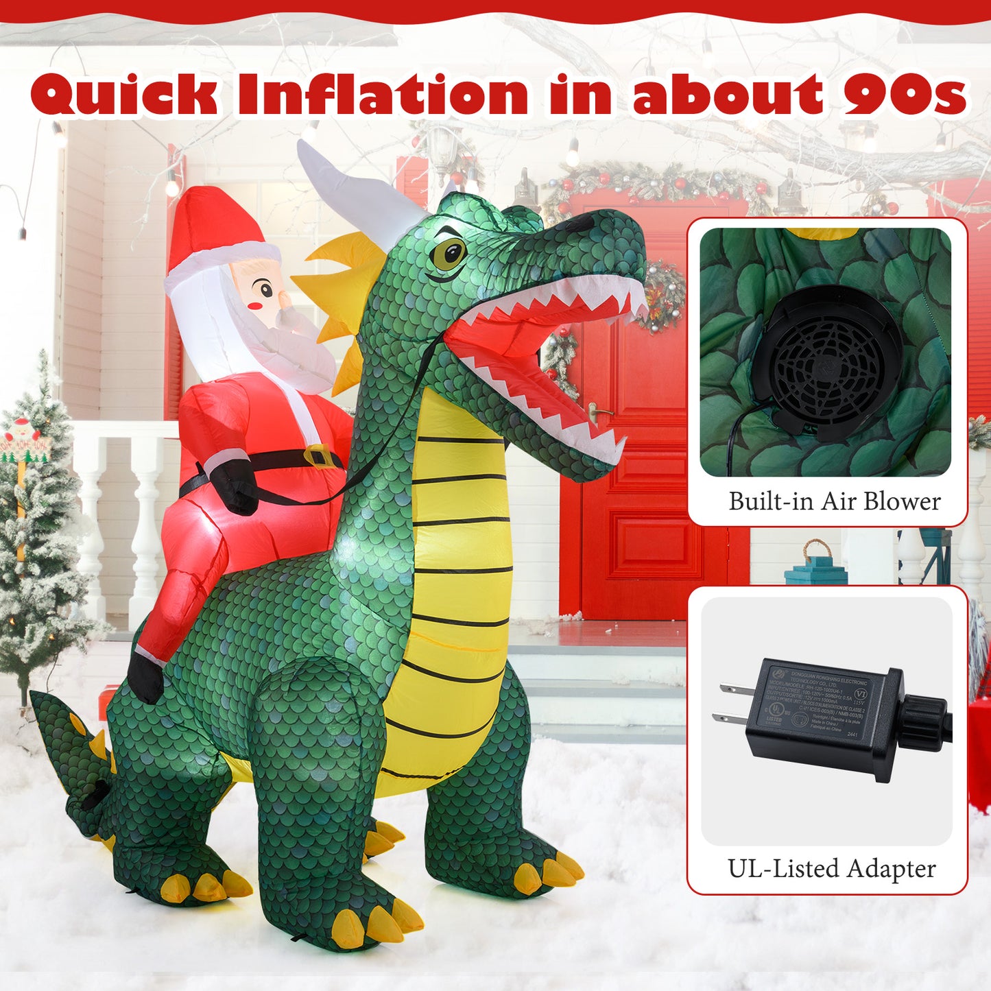 6.7 Feet Inflatable Santa Claus Ride On Dinosaur, Built-in LED Lights, Green Christmas Inflatables at Gallery Canada