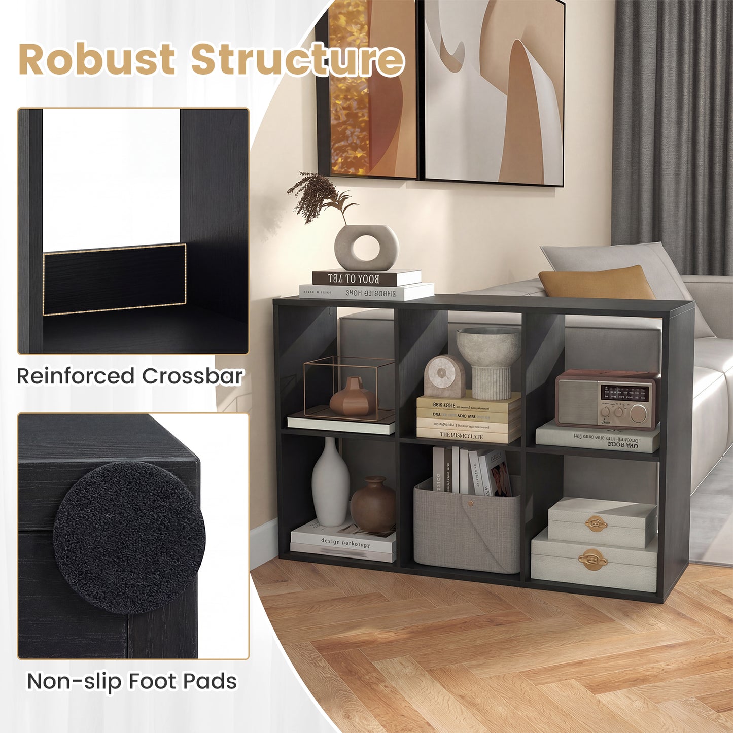 6 Cube Bookshelf With Back Guardrail, Black Bookcases at Gallery Canada