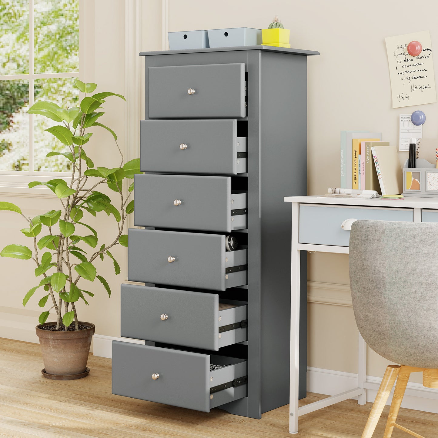6 Drawers Chest Dresser, Bedroom Furniture Cabinet, Gray