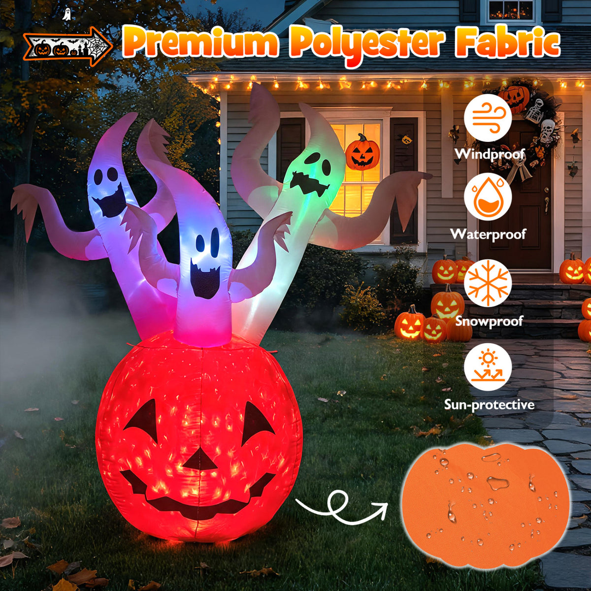 6 FT Inflatable Ghost Pumpkin, Colorful Lights, 2 Wind Ropes, Orange