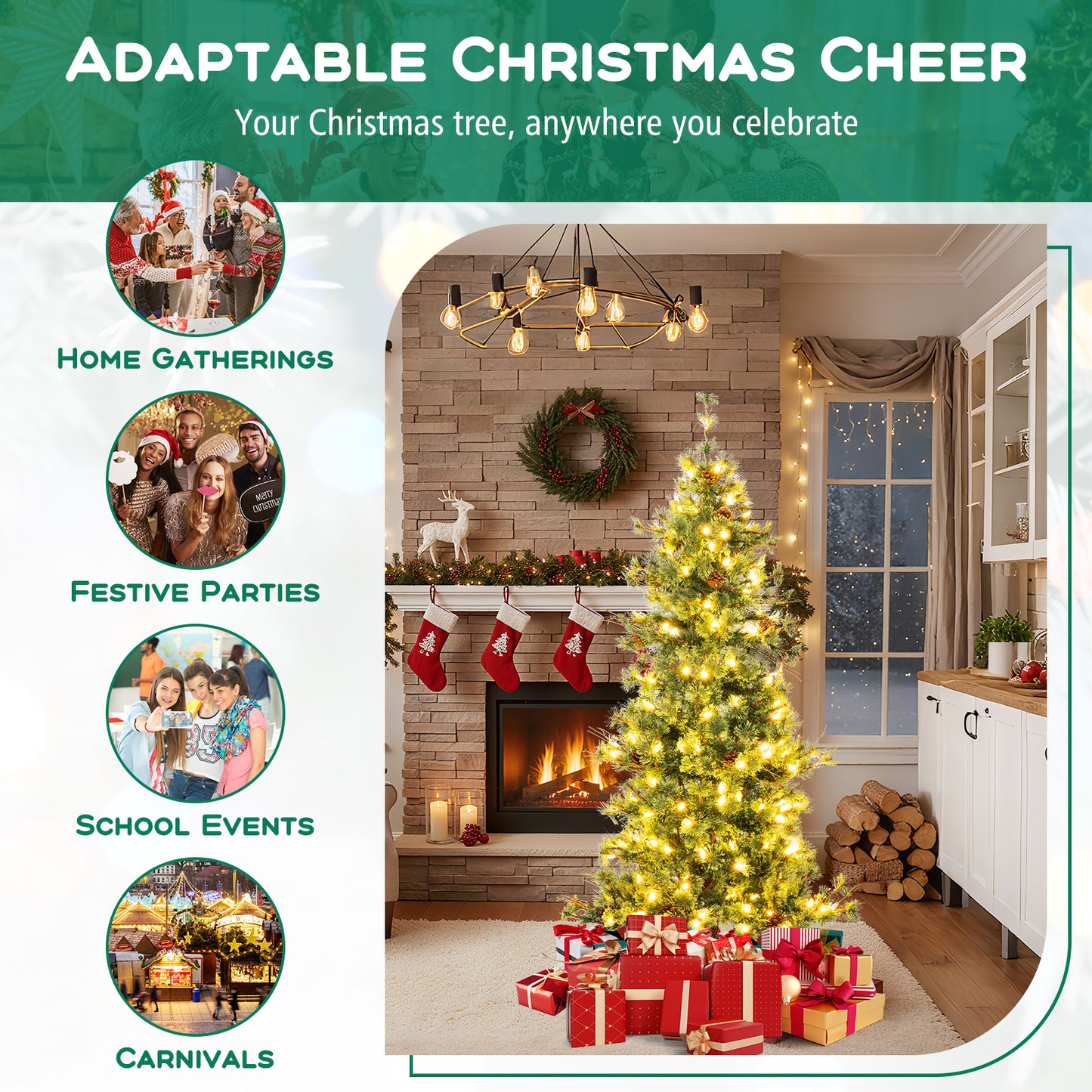 6 Feet Artificial Christmas Tree Pre-lit Hinged Xmas Tree with Warm White LED Lights and Pine Cones, Green Christmas Tree at Gallery Canada