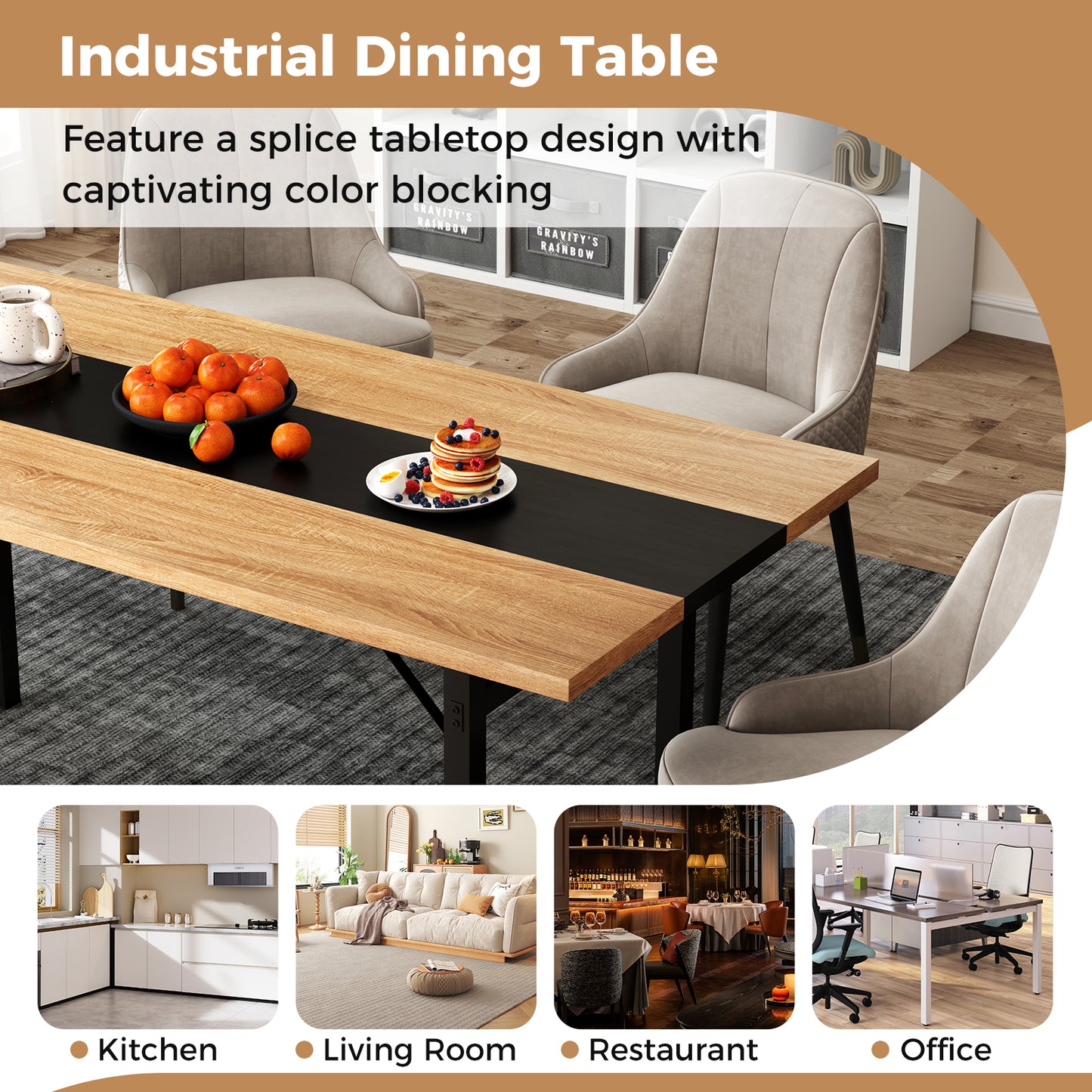 6 Feet Dining Table with Heavy-Duty Metal Frame for 6-8 People, Natural Dining Tables at Gallery Canada