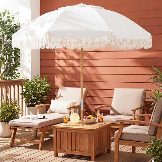 6 Feet Patio Umbrella, Fringe, Push Button Tilt, Wood Pole, White Outdoor Umbrellas White at Gallery Canada