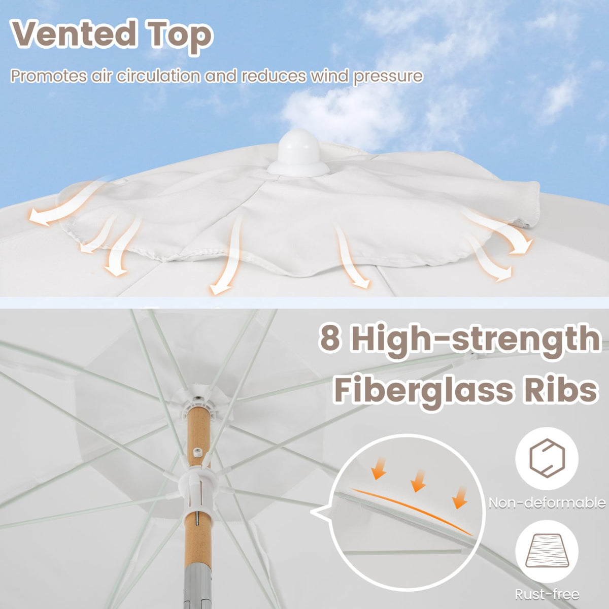6 Feet Patio Umbrella, Fringe, Push Button Tilt, Wood Pole, White Outdoor Umbrellas at Gallery Canada