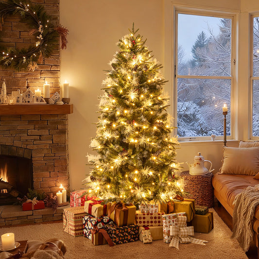 6 Feet Pre-Lit Artificial Christmas Tree, LED Lights With Berries, Green Christmas Tree Green at Gallery Canada