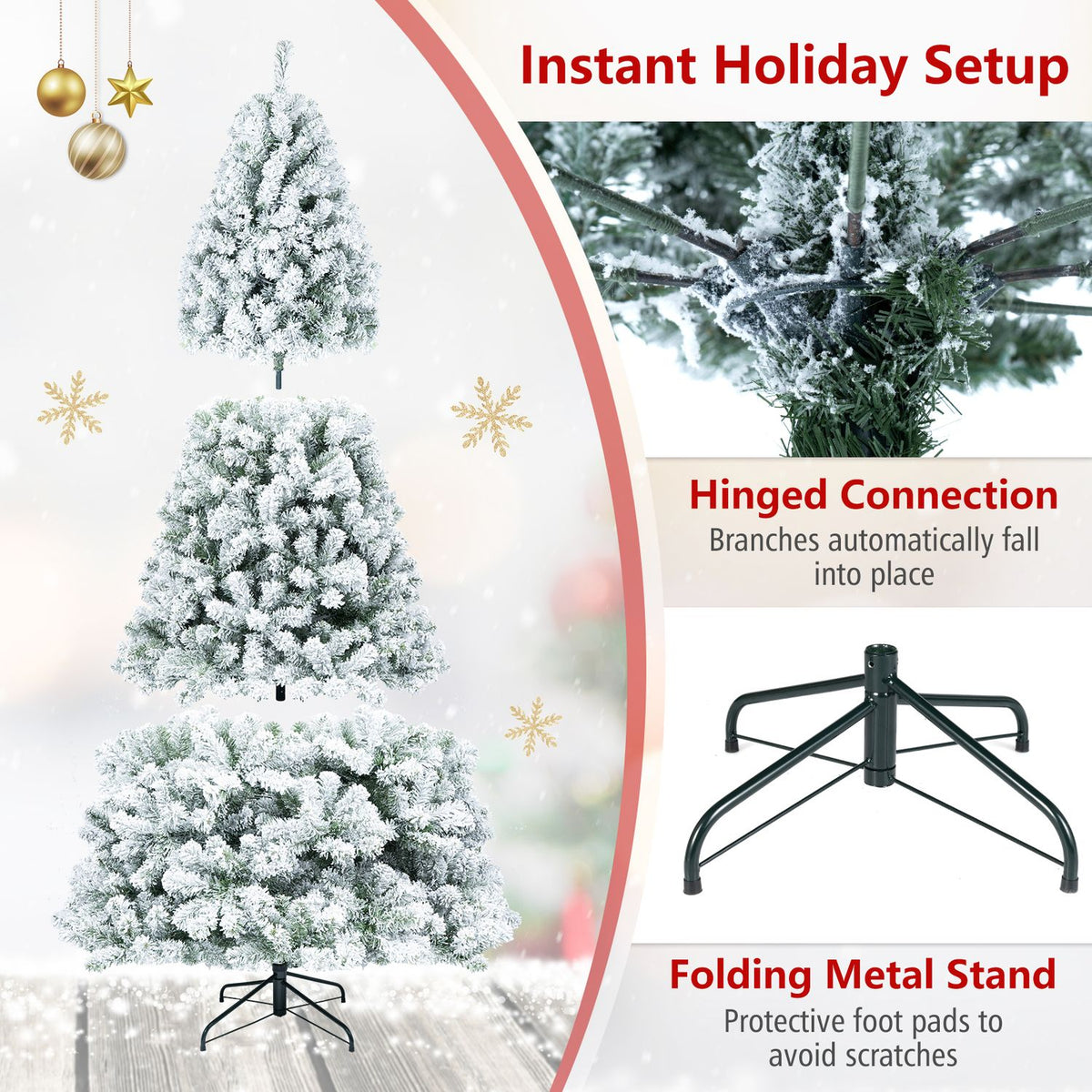 6 ft Pre-Lit Snow Flocked Hinged Christmas Tree, 928 Tips, Green Christmas Tree at Gallery Canada