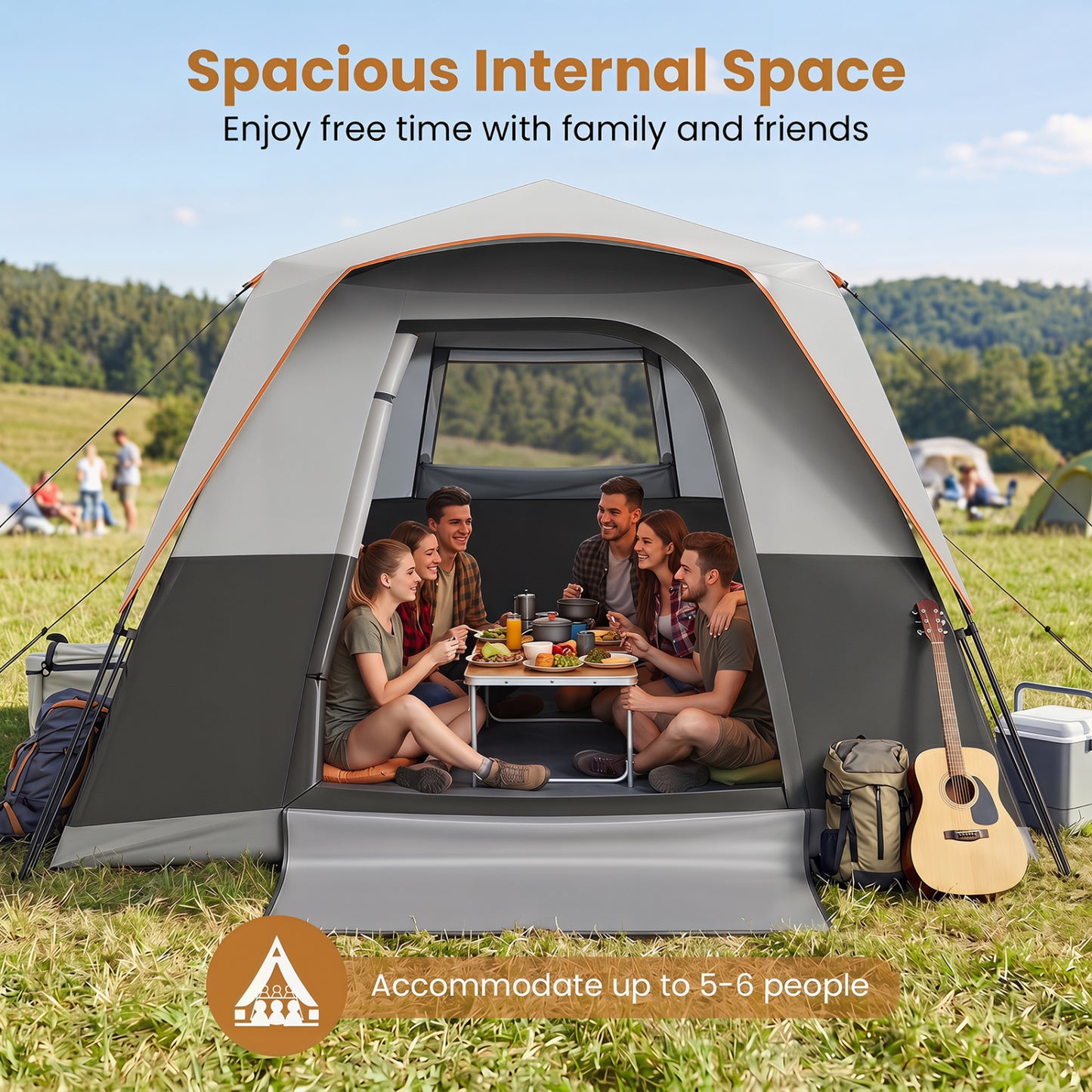 6-Person Blackout Instant Cabin Tent with Rainfly, Gray