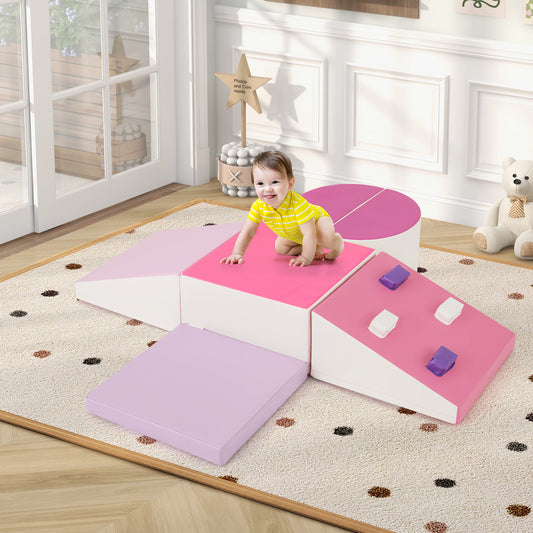 6-Piece Soft Play Set for Toddlers with Climbing Triangle and Ramp, Pink