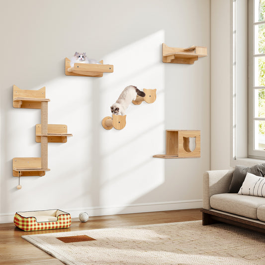 6-Piece Cat Wall Furniture Set, Shelves, Natural Cat Trees Condos & Scratchers Natural at Gallery Canada
