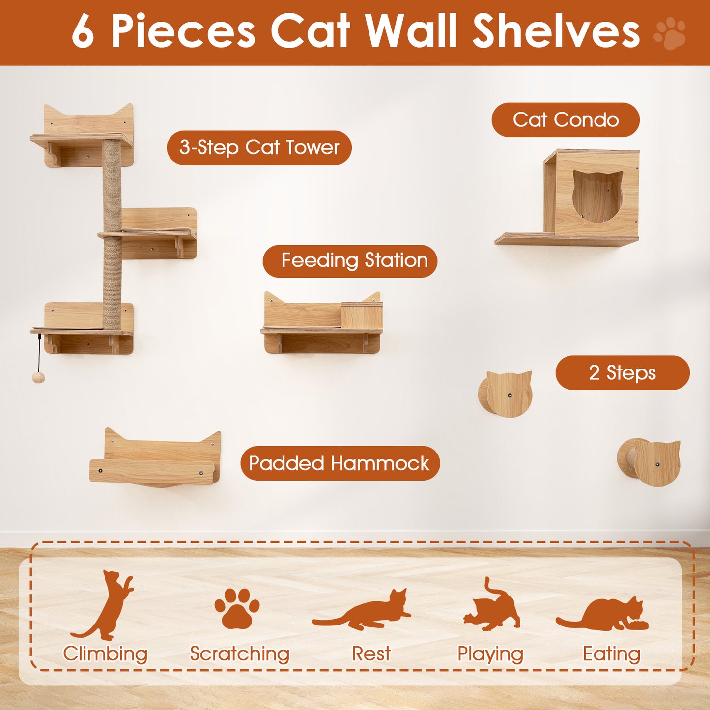 6-Piece Cat Wall Furniture Set, Shelves, Natural Cat Trees Condos & Scratchers at Gallery Canada