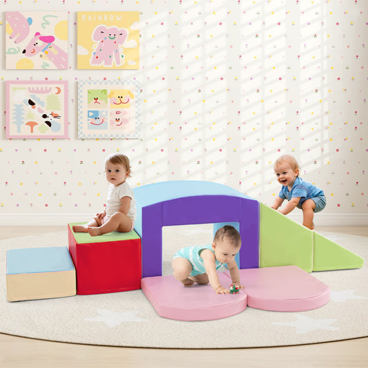 6 Pieces Foam Climbing Blocks Soft Play Climbing for Toddlers with Tunnel, Beige Climbers & Slides Beige at Gallery Canada