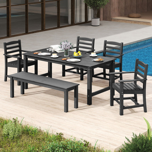 6 Pieces Patio Dining Bench Set Outdoor HDPE Weather Resistant Table and Chairs Set, Black Patio Dining Sets Black at Gallery Canada